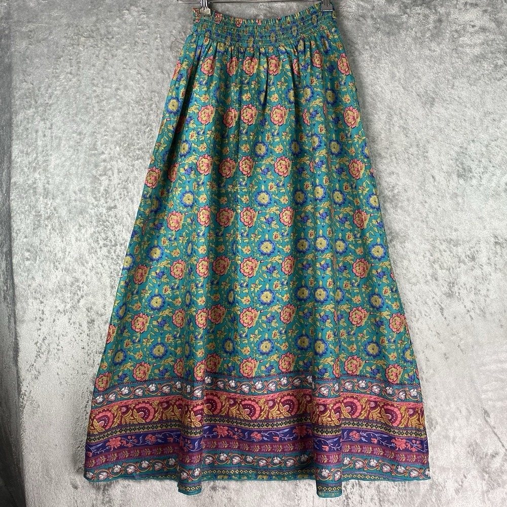 Natural Life Skirt Womens Sz M Teal Peony Border Floral Maxi Boho Artsy Smocked - Picture 8 of 12